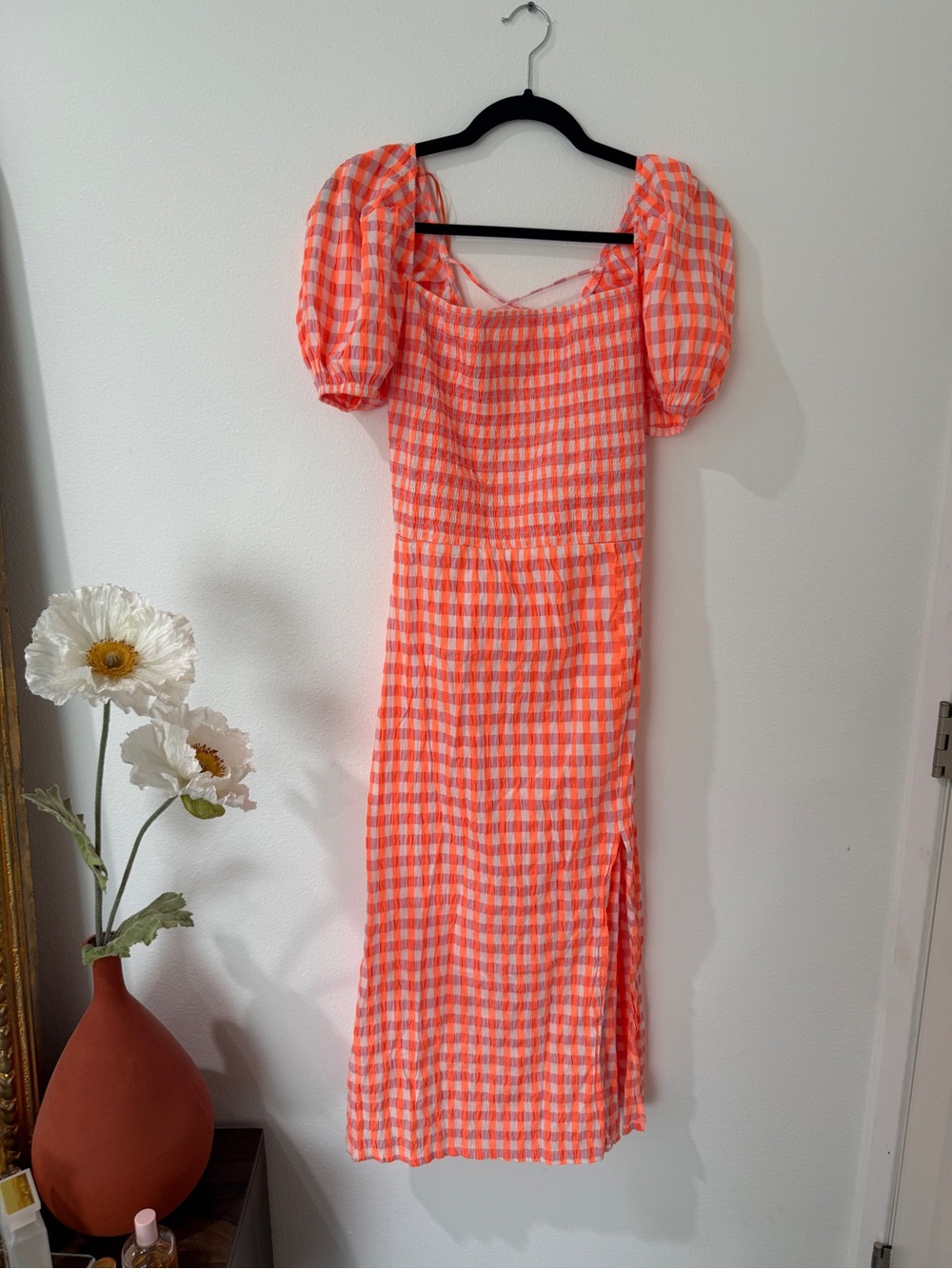 Bershka Orange Gingham Puff-Sleeve Midi Dress